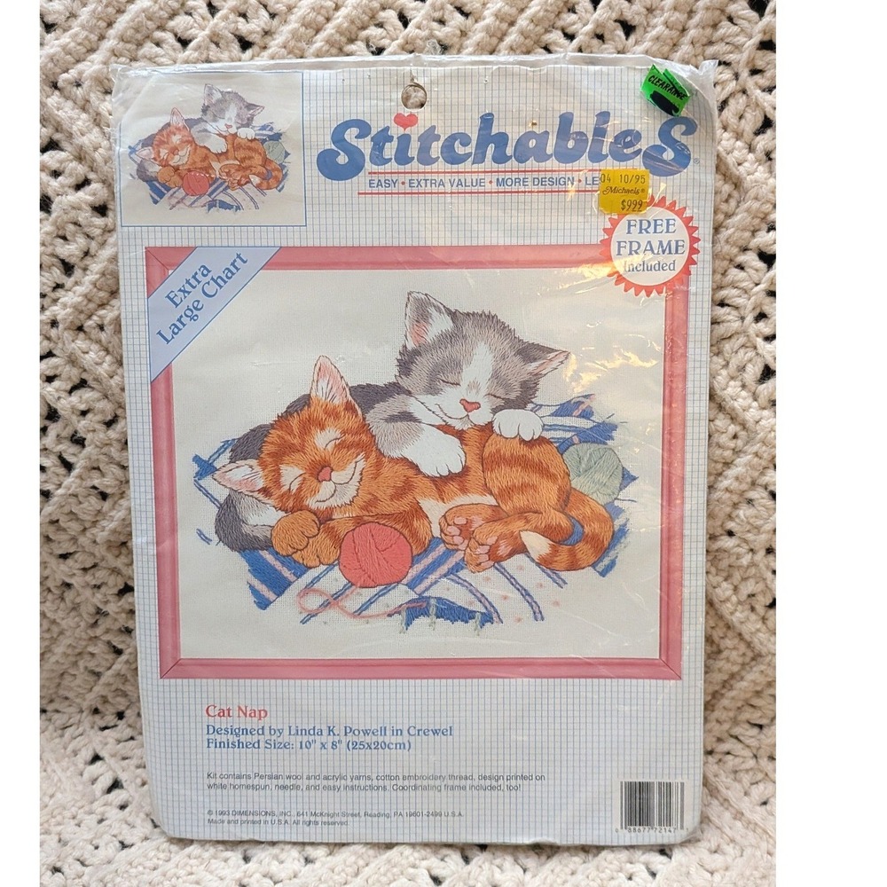 Vintage 1993 Dimensions Stitchables Cat Nap Crewel Kit Linda K Powell Kittens